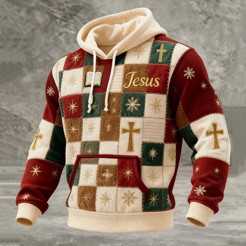 Comstylish Men's Faith Christmas Patchwork Print Casual Hoodie