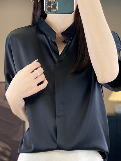 Loose Short Sleeves Buttoned Color Stand Collar Blouses&shirts Tops