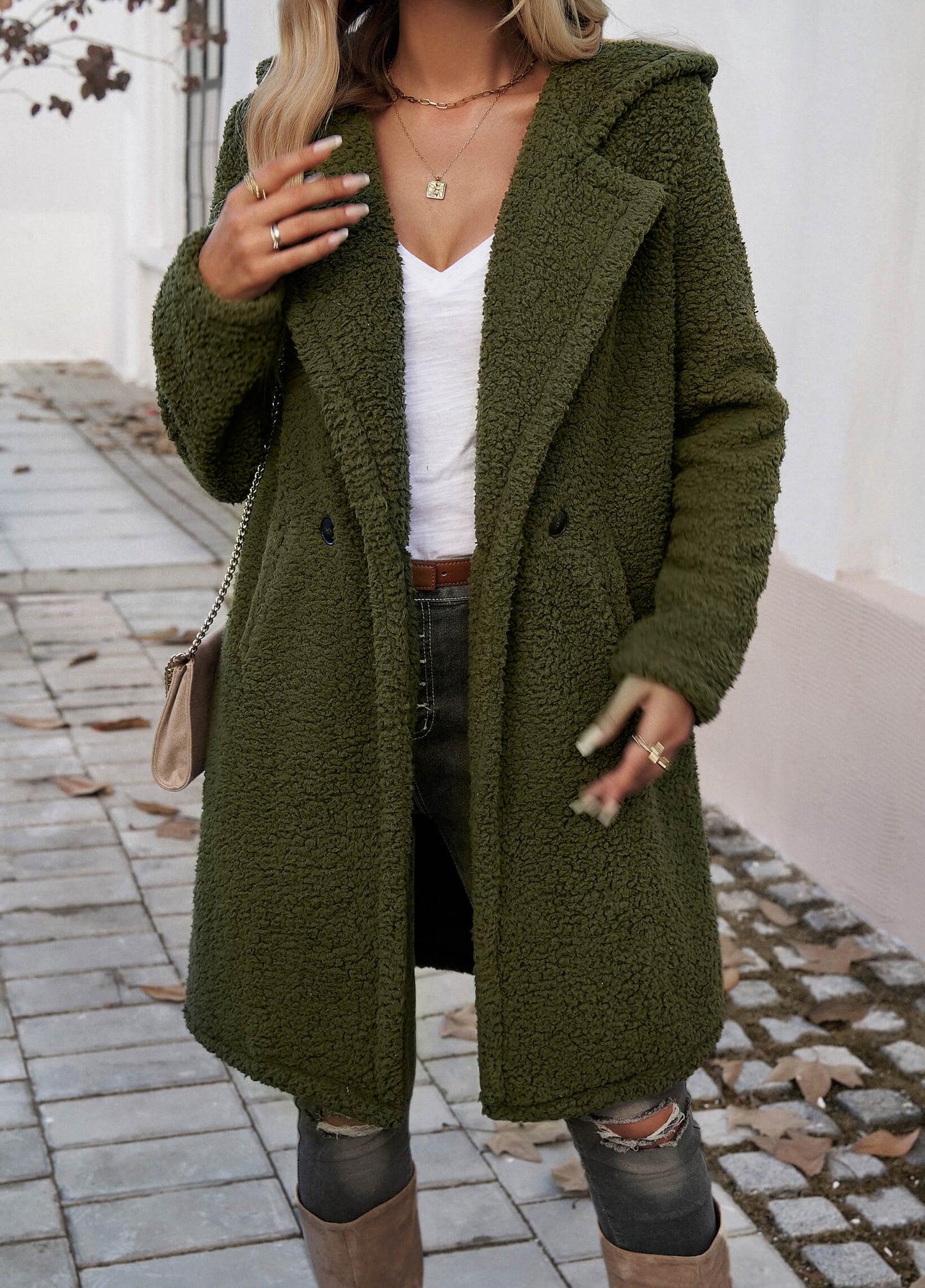 Teddy Longline Pocketed Coat - Olive