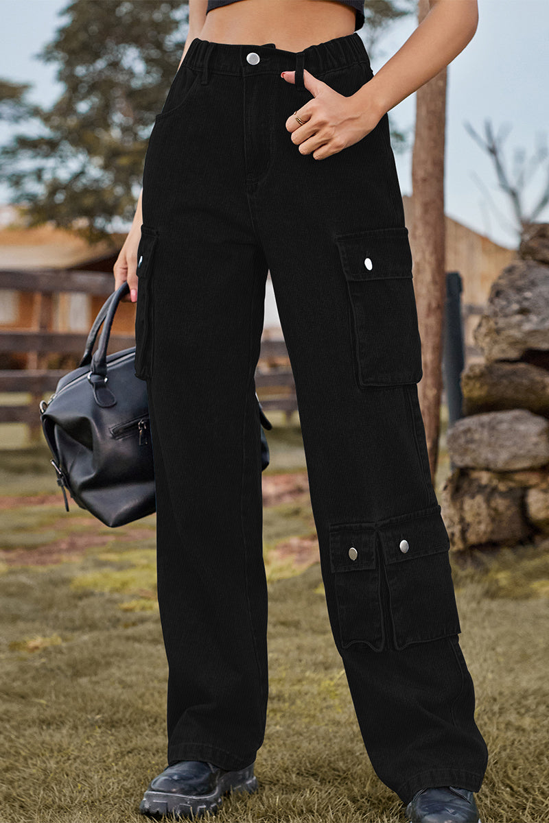 Street Pocket Mid Waist Loose Denim Jeans