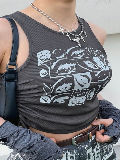 Retro Print Tops Fairy Grunge Graphic Y2k Crop Tops Short Sleevle Vest Tees Harajuku Suspenders Clothes