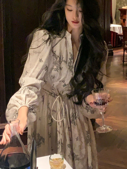 Midi Dress Printed Lantern Sleeve V-neck French Autumn Lace Up Female Evening Party Vestidos Mujer
