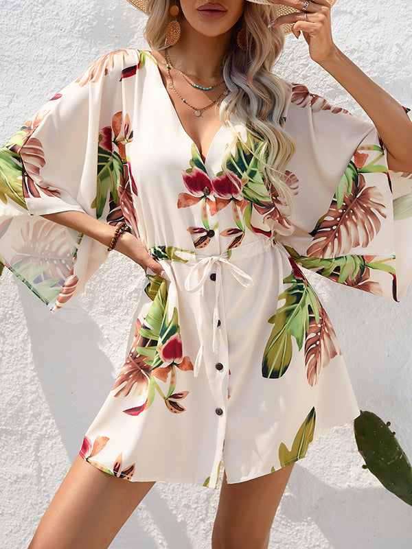 A-line Half Sleeves Buttoned Drawstring Leaves Print V-neck Mini Dresses