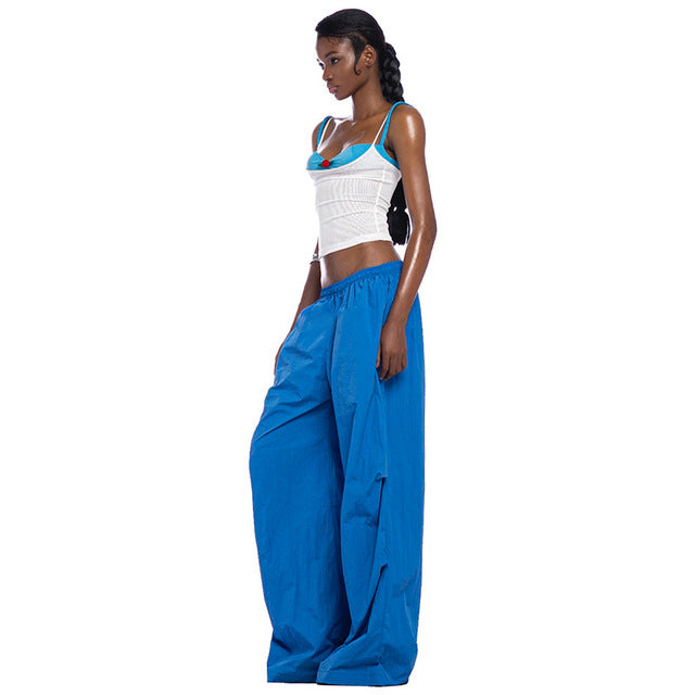 Y2k Summer Hipster Pockets Cargo Color Elastic High Waist Wide Leg Pants Trousers 2000s Street Wear Club