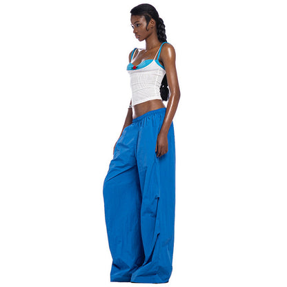 Y2k Summer Hipster Pockets Cargo Color Elastic High Waist Wide Leg Pants Trousers 2000s Street Wear Club