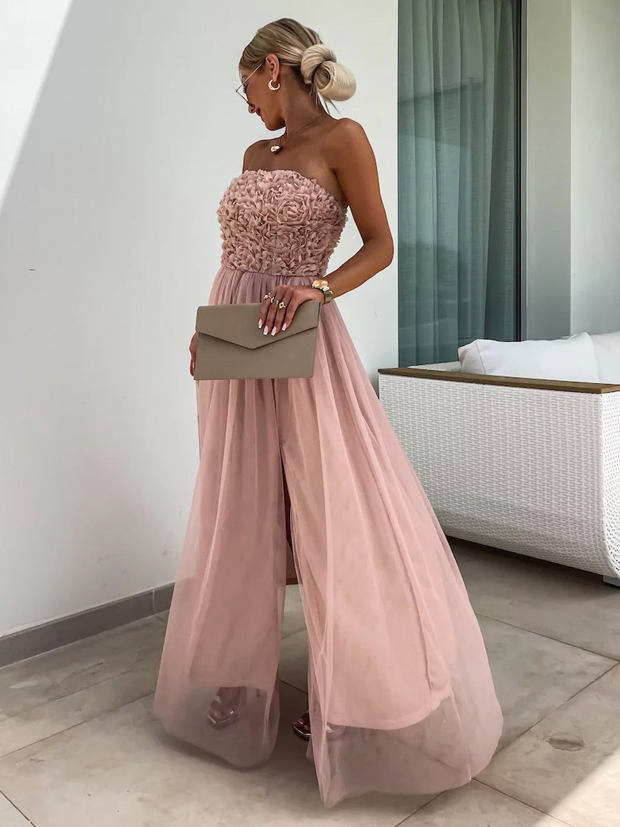 A-line Dress Ruffles Tulle High Slit Off the Shoulder Backless Party Maxi Dresses