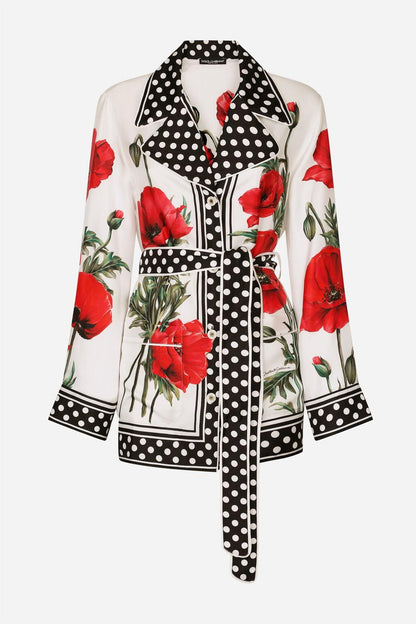 Polka Dot Peaked Collar Top With Belt & Mid Waist Pants Set