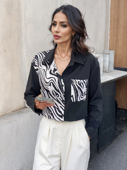 Long Sleeves Loose Asymmetric Buttoned Zebra-stripe Lapel Blouses&shirts Tops