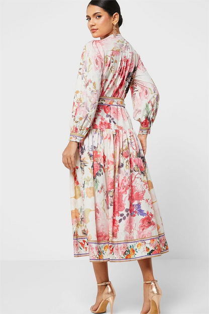 Long Sleeve Crew Collar Buttoned Lace Up Midi Dress