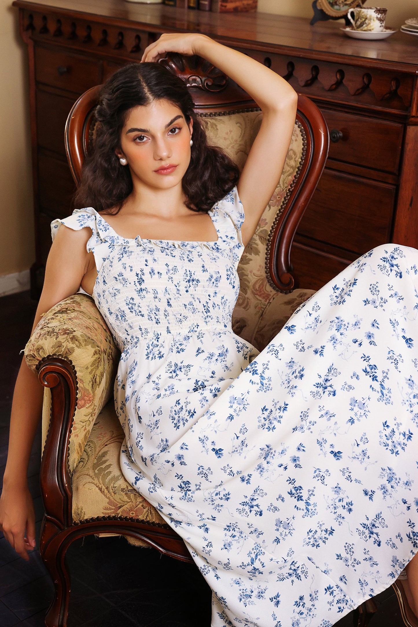 Smocked Elastic Ruffle Hem Midi Dress