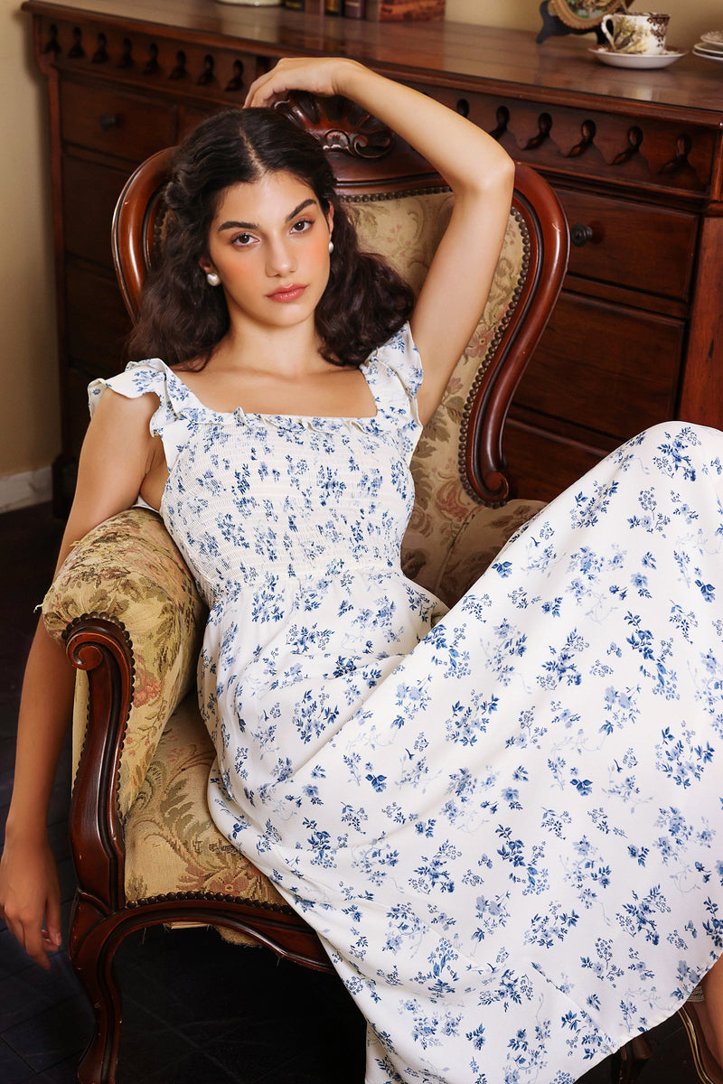 Smocked Elastic Ruffle Hem Midi Dress