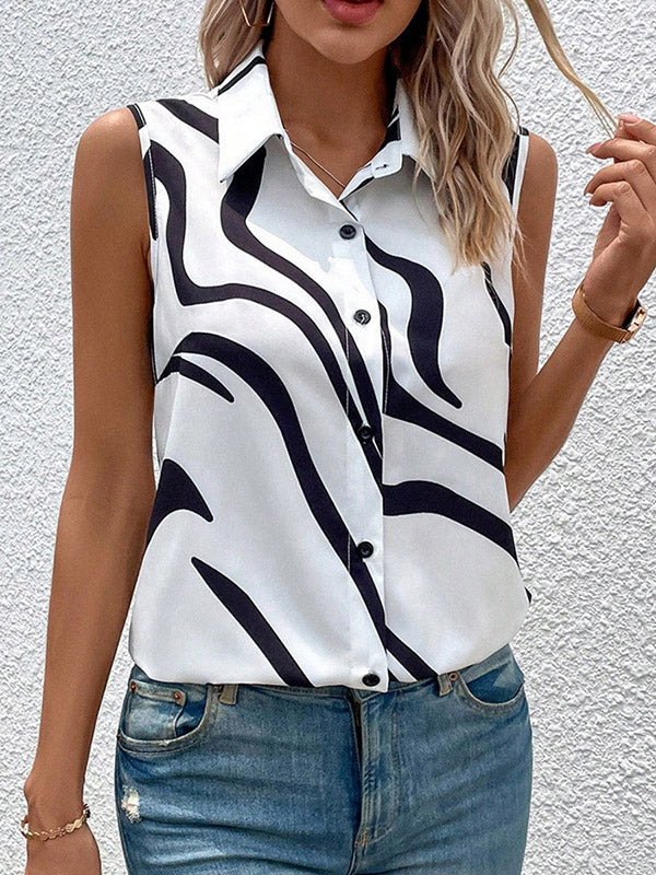 Loose Sleeveless Buttoned Printed Lapel Blouses&shirts Tops
