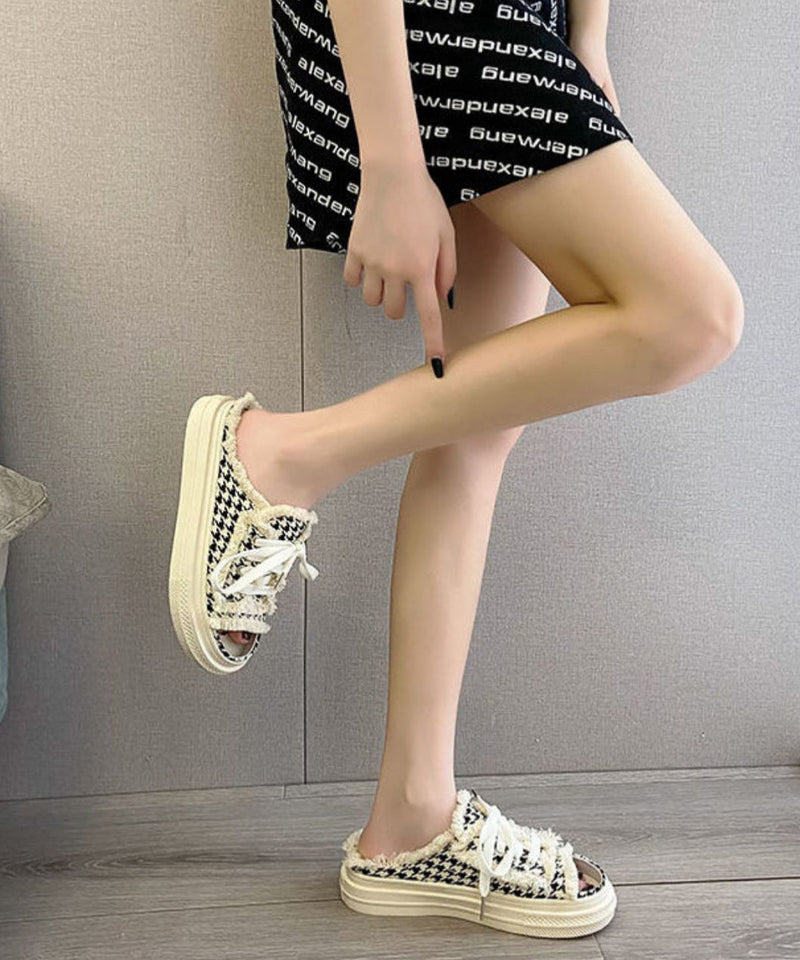 Black Platform Splicing Tassel Lace Up Slide Sandals Jj033