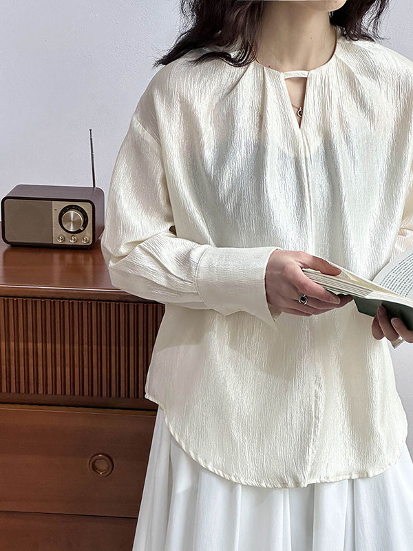 Long Sleeves Loose Hollow Shiny Color Round-neck Blouses&shirts Tops