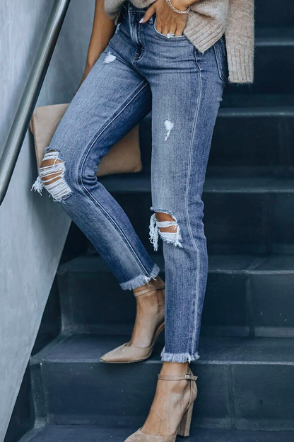 Ripped Mid Waist Skinny Denim Jeans