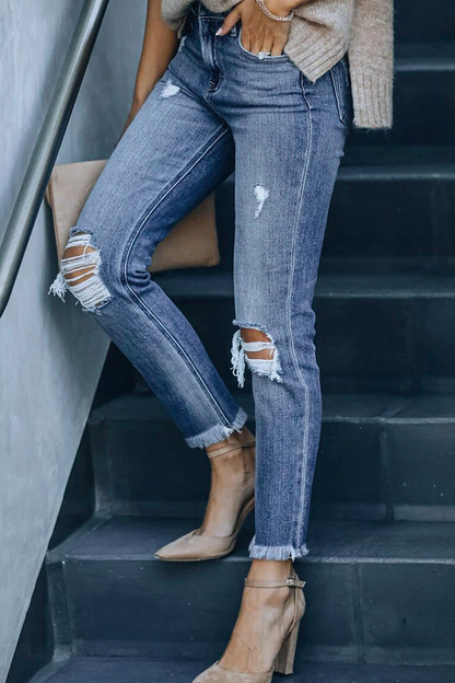 Ripped Mid Waist Skinny Denim Jeans