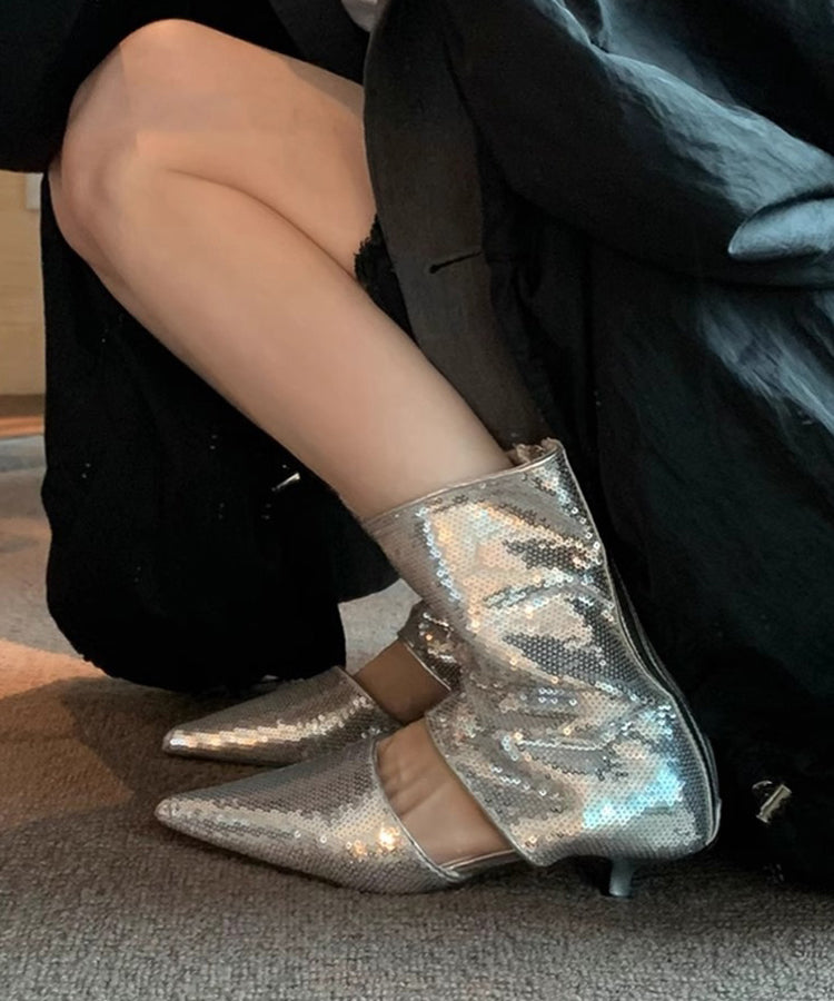 Stylish Silver Sequins Hollow Out Pointed Toe Sandals Boots Oi045