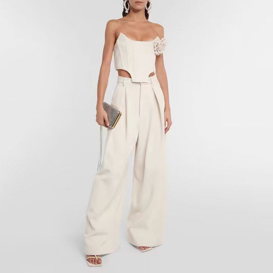 Tube Top Boning Corset Cropped Outfit Top & Wide Leg Pants Set for – Color Suit
