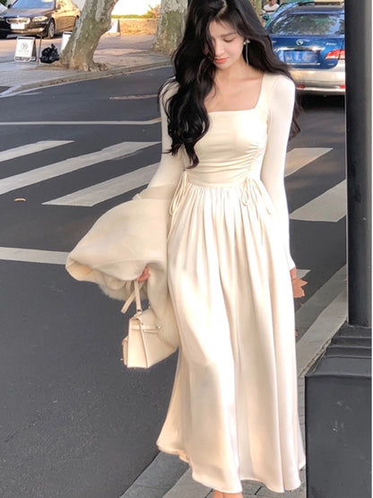 Midi Dress Long Sleeve Square Collar High Waist Autumn Spring French A-line Party Vestidos