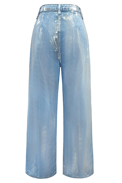 Street Gradient Print Pocket Sequined Contrast High Waist Loose Denim Jeans