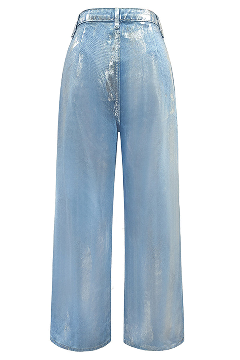 Street Gradient Print Pocket Sequined Contrast High Waist Loose Denim Jeans