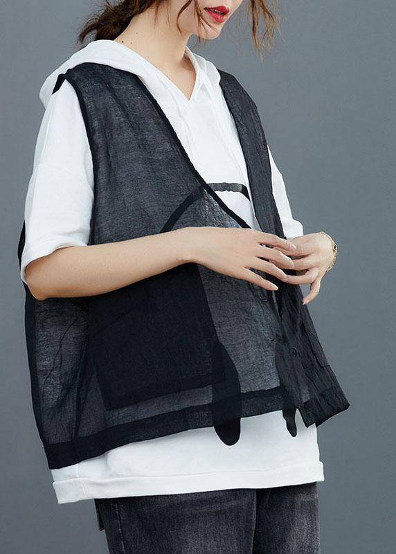 Black Linen Cardigan Vest Large Summer