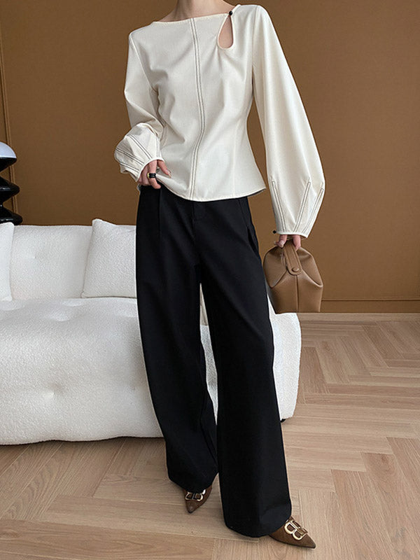 Long Sleeves Loose Asymmetric Belly-hollow Color Round-neck Blouses&shirts Tops