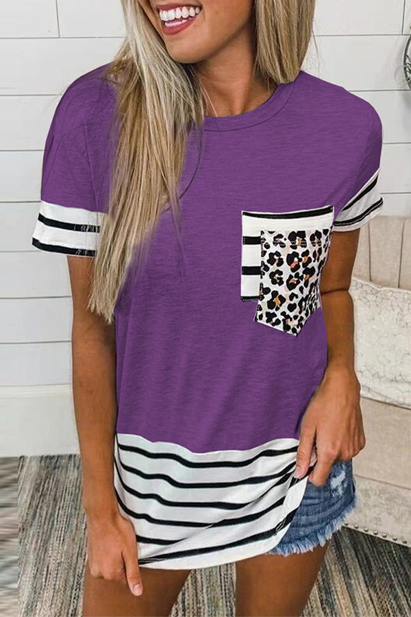 Striped Leopard Split Joint Pocket O Neck T-shirts(10 Colors)