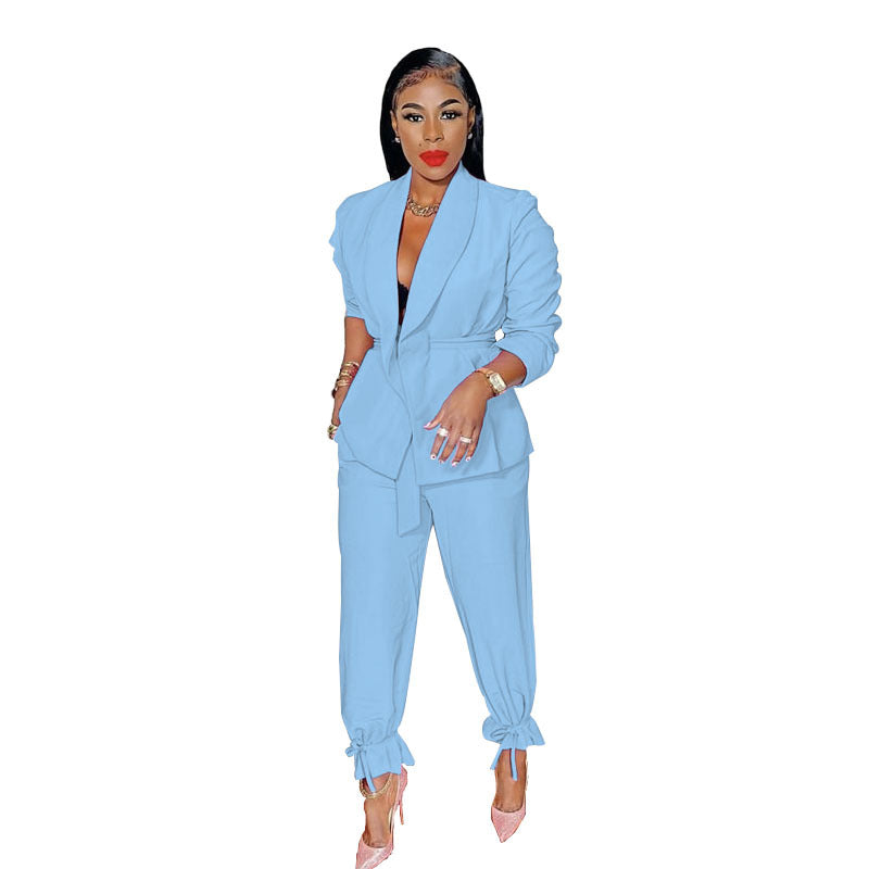 Spring Autumn Color Lace-up Long Sleeve Small Blazer Jogger Pants Suit
