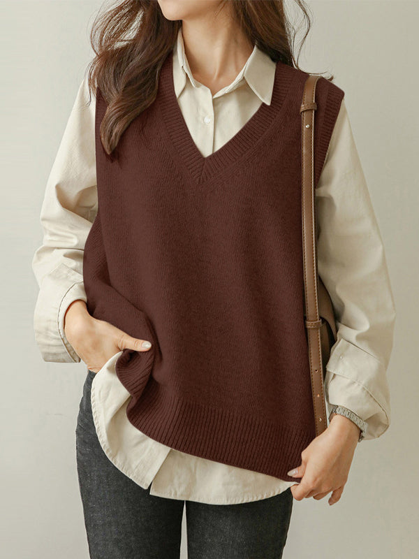 Loose Sleeveless Color V-neck Sweater Vest Outerwear