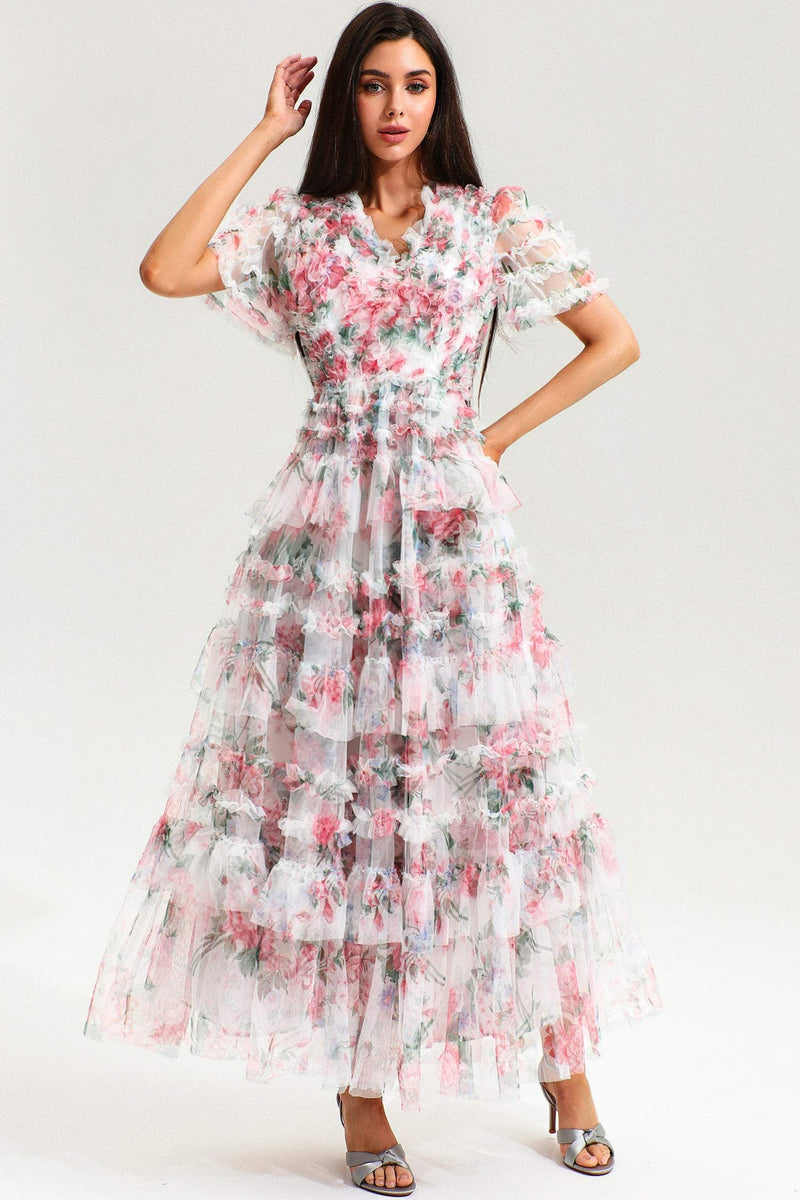 V-neck Short Sleeve Ruffle Tiered Hem Maxi Dress