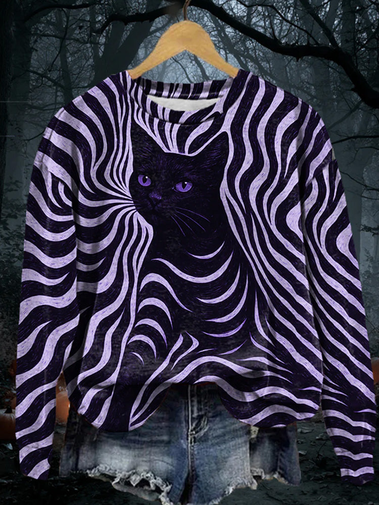 Women's Halloween Black Cat Stripes Print Casual Sweatshirt artswardrobe