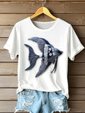 Women's Denim Lovely Fish Portrait Art Print Short Sleeve Casual T-shirt artswardrobe