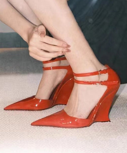 Black Splicing Buckle Strap Wedge Sandals Pointed Toe Oi023