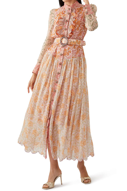 Splicing Long Sleeve Midi Dress With Belt