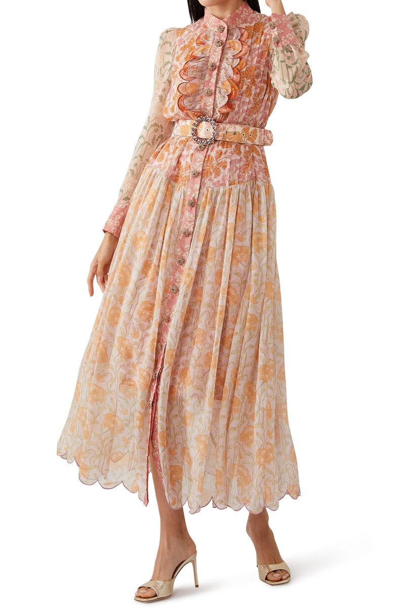 Splicing Long Sleeve Midi Dress With Belt