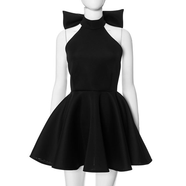 Taruxy Big Backless Bow Dress for Slim Pleated Sleeveless Splice Halter Neck Evening Party Mini Dress Female