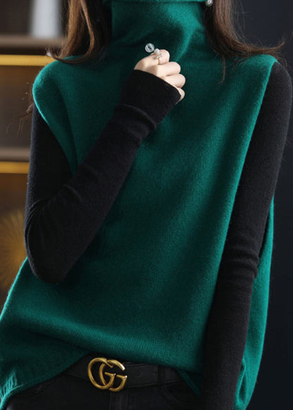 Stylish Blackish Green Turtle Neck Thick Woolen Knit Vest Sleeveless