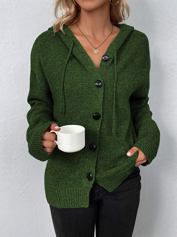Wrap Buttoned Hooded Color Cardigan