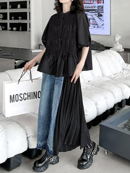 Loose Puff Sleeves Pleated Color Round-neck Blouses&shirts Tops