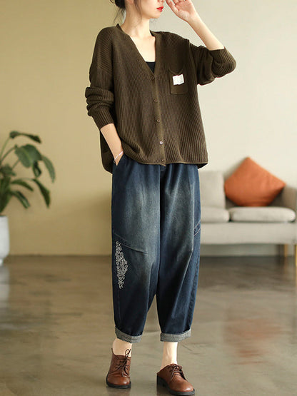 6 Colors Urban Split-joint Color V-neck Cardigan Top