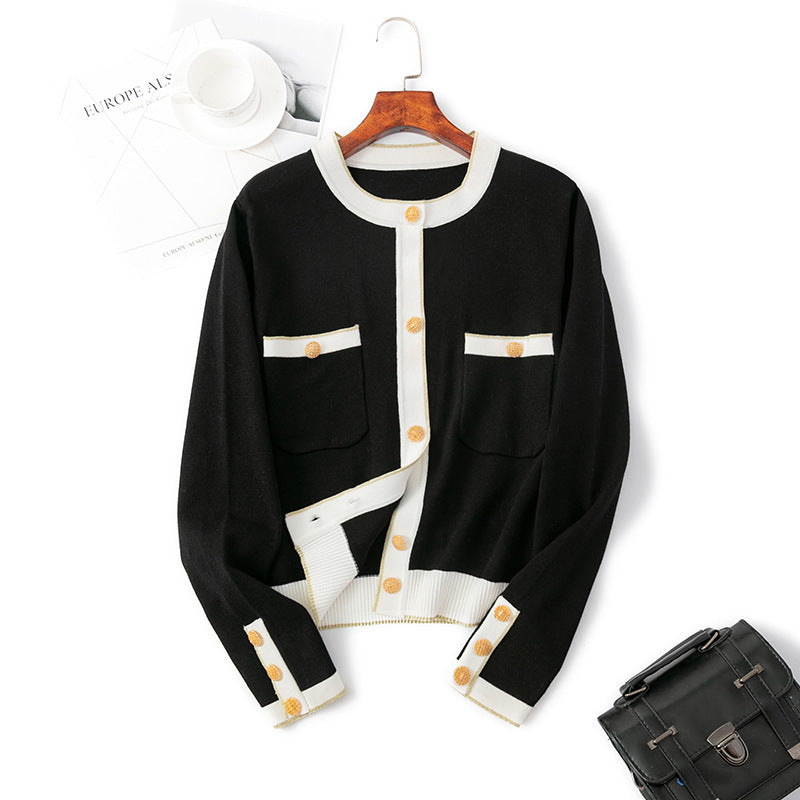 Classic Socialite Knitted Cardigan Contrast Color Coat for Autumn Winter Slimming Long Sleeves Coat Top