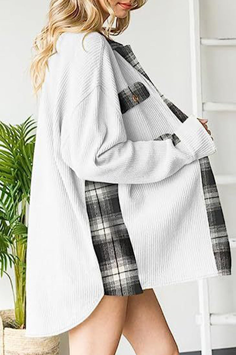 Color Block Pocket Contrast Turndown Collar Tops
