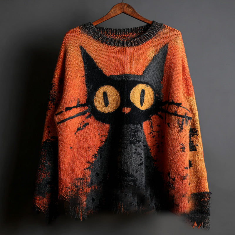 Halloween Black Cat Knit Sweatshirt artswardrobe