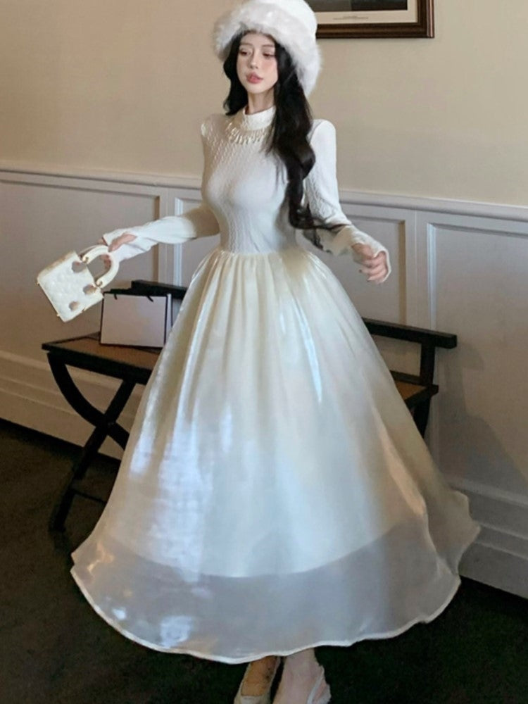 French Midi Dress Patchwork O-neck Long Sleeve Autumn Spring A-line Evening Party Prom Robe Wedding Vestidos Mujer