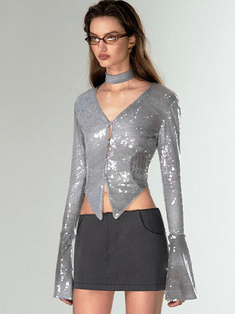 Taruxy Shining Silver Shirts for V Neck Flare Sleeve Tshirt Femme Party Clubwear Cardigan Woman Clothing New