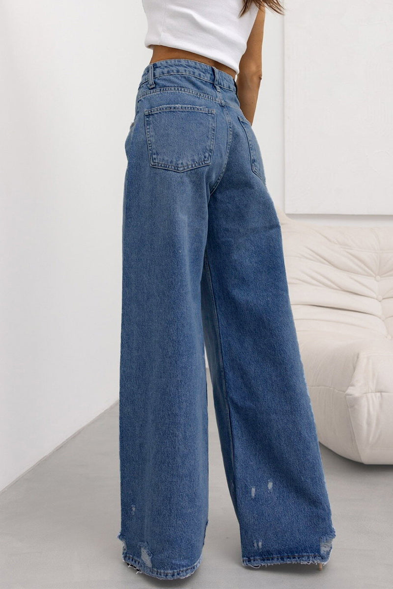 Street Gradient Color Ripped Pocket High Waist Loose Denim Jeans