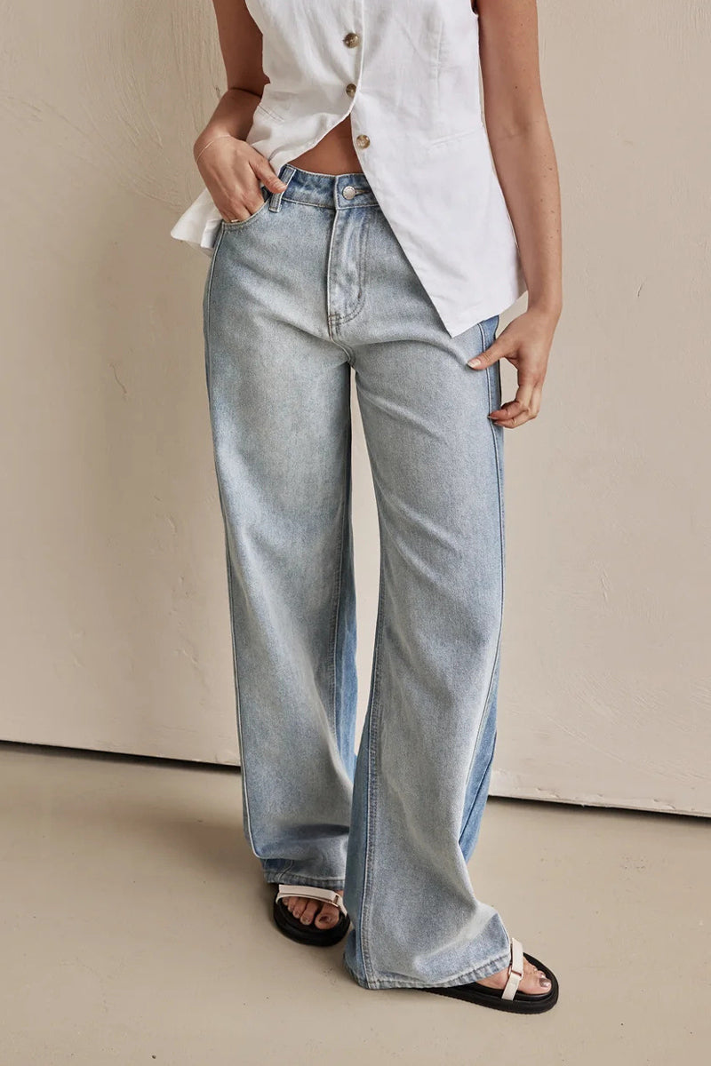 Distressed Contrast High Waist Loose Denim Jeans