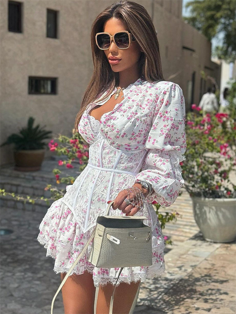 Tossy V-neck Printed Lace Mini Dress Female Ruffled High Waist Patchwork Contrast Slim Bandage Summer Party Looks Dress