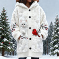 Christmas Cat & Bird Women's Hooded Flannel Cardigan